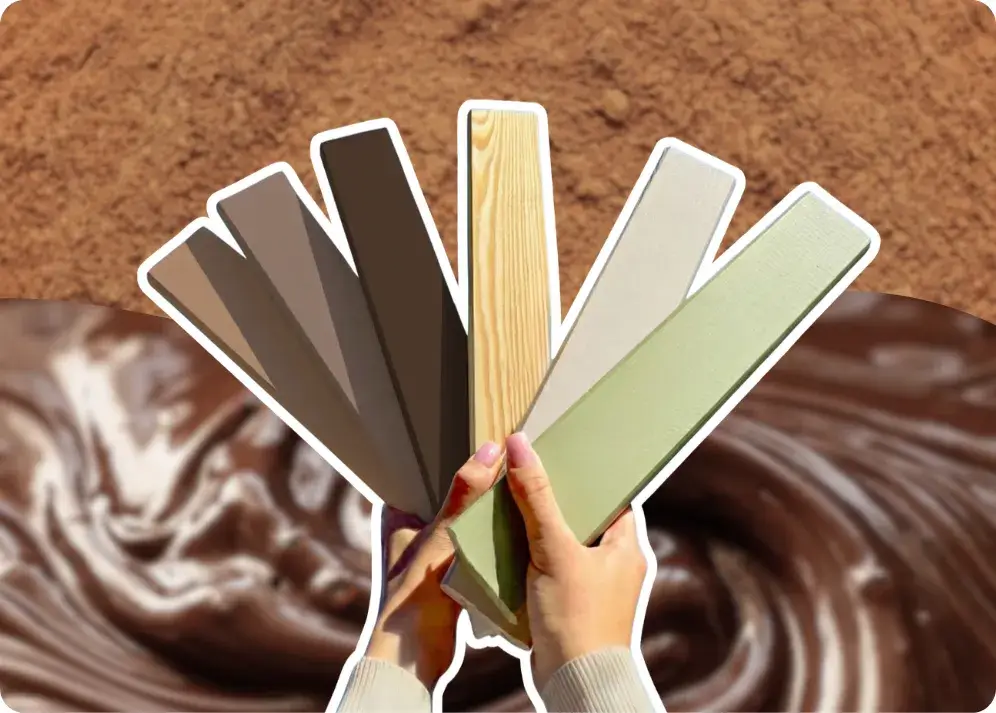  Sześć desek (próbników kolorów) trzymanych przez dwie ręce na tle faktury cynamonu oraz płynnej czekolady. Każdy próbnik ma inny kolor i są to ,,cynamon”, „mleczna czekolada” , „ciemna czekolada” ,  „sosna”, „kaszmir” i „oliwka”.